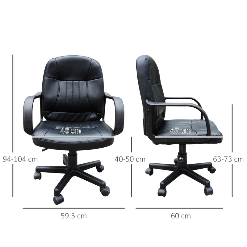 Black office chair with dimensions indicated on a white background