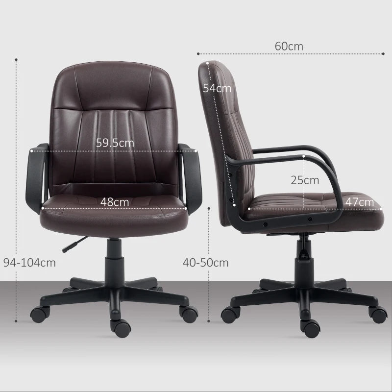 Brown office chair with dimensions marked on a white background