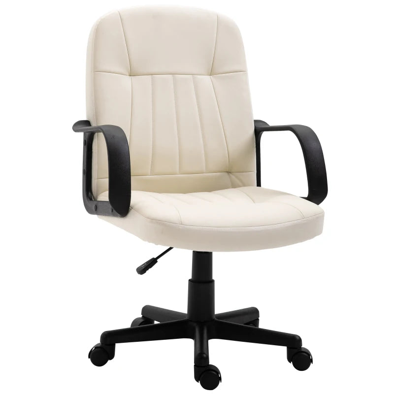 Cream office chair with black armrests and base on a white background