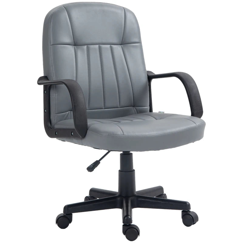 Gray office chair with black wheels and armrests on a white background