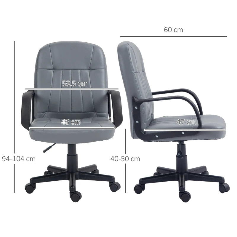 Gray office chair with dimensions indicated on a white background