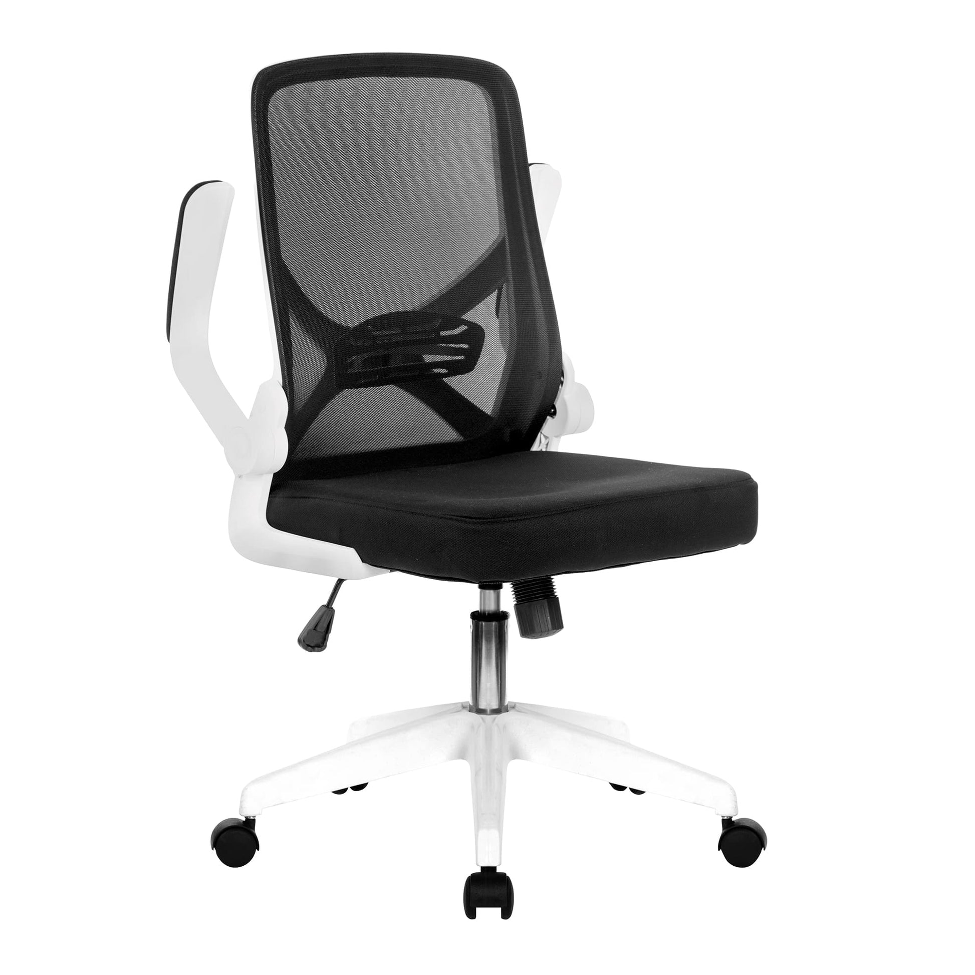 Black office chair with mesh backrest on a white background
