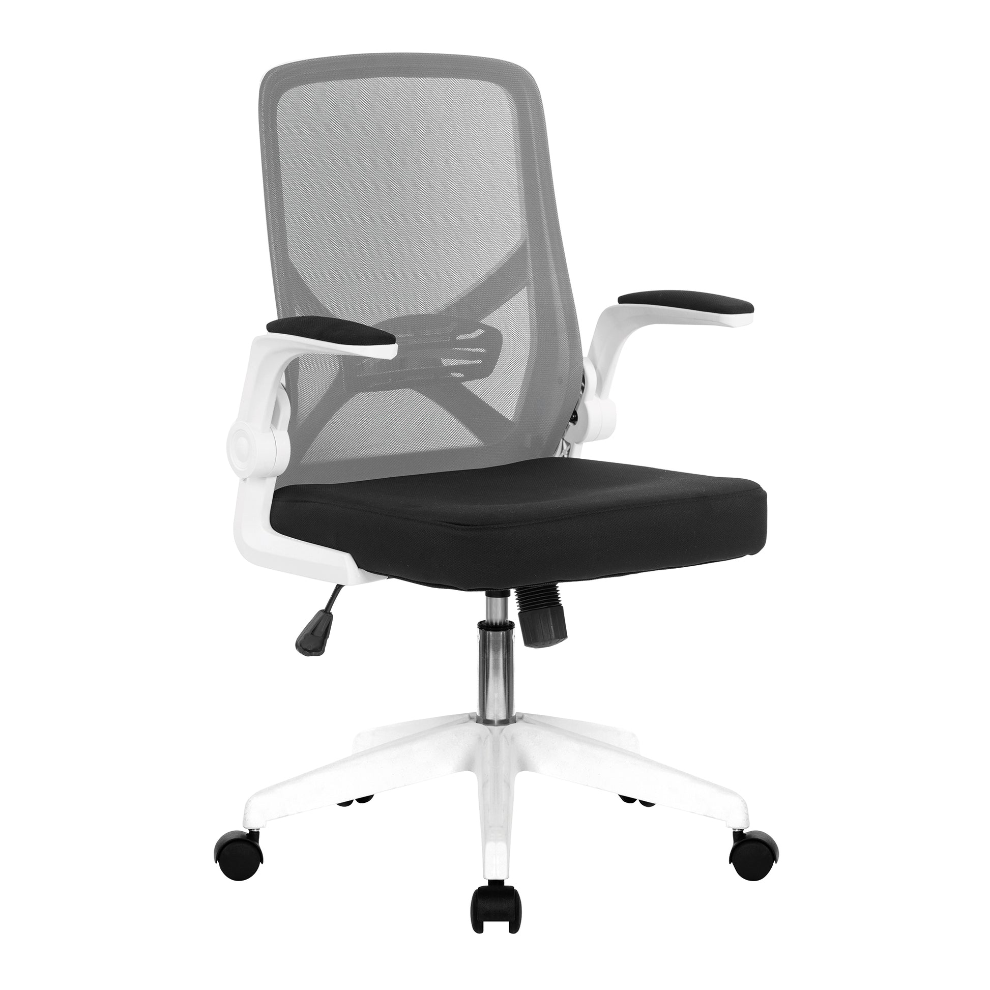 Black office chair with gray mesh backrest on a white background