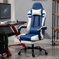 A blue and white PU leather gaming chair with a headrest, situated in a room with a desk and computer setup.