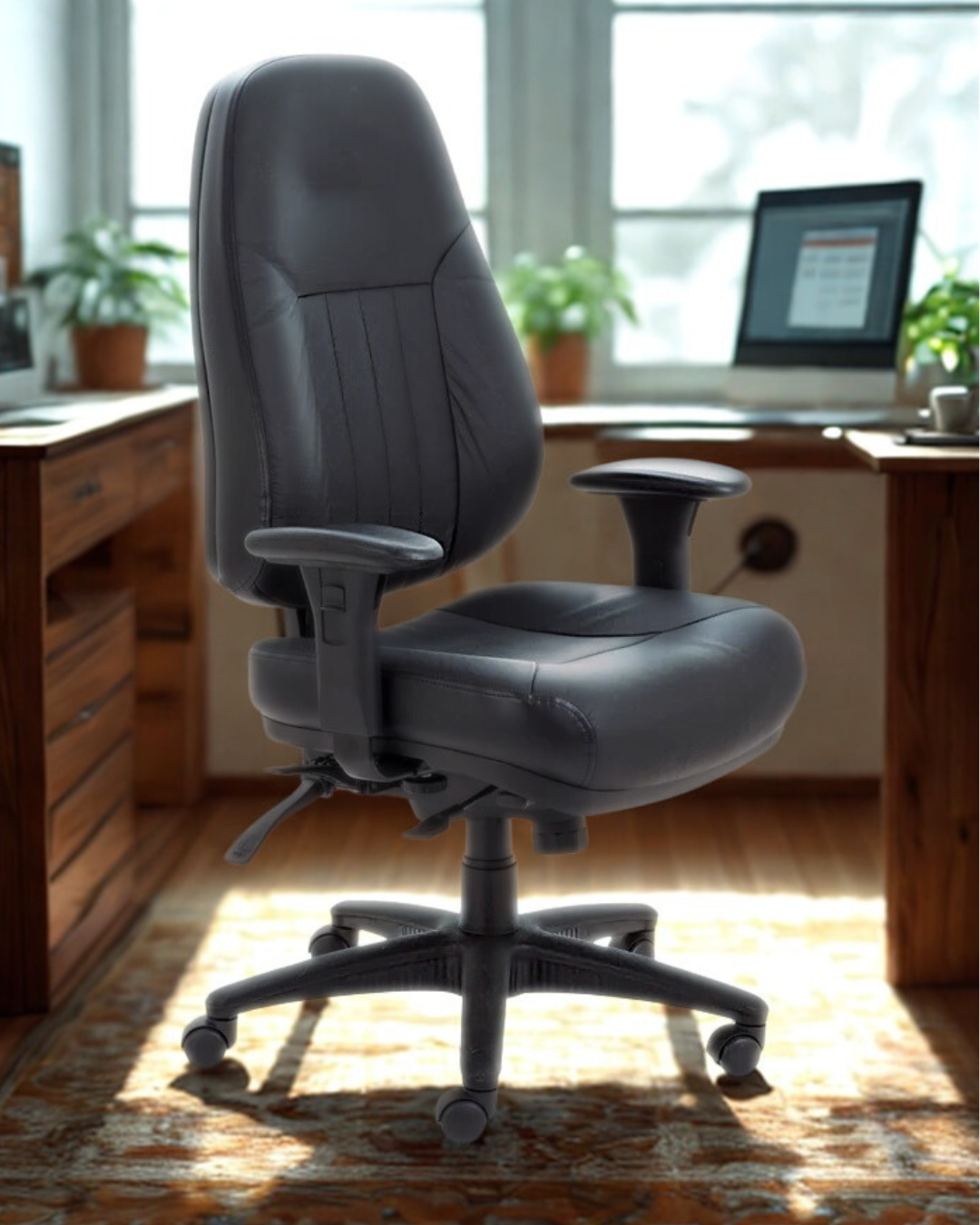 Black office chair in a home office setting with a desk and computer.