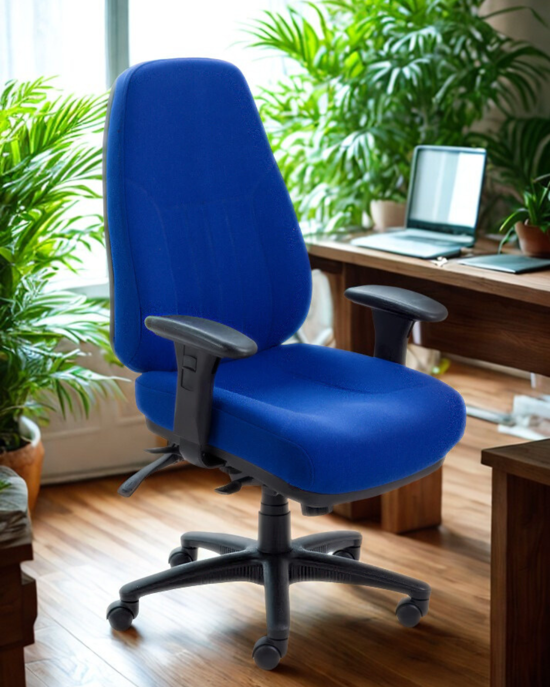 Blue office chair in a room with a desk and plants