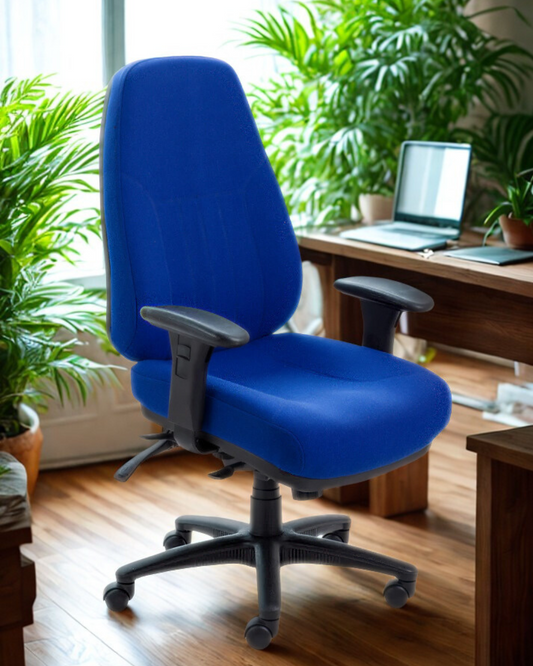 Blue office chair in a room with a desk and plants