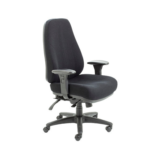 Black office chair with adjustable arms on a white background