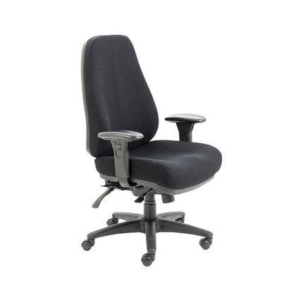 Black office chair with adjustable arms on a white background