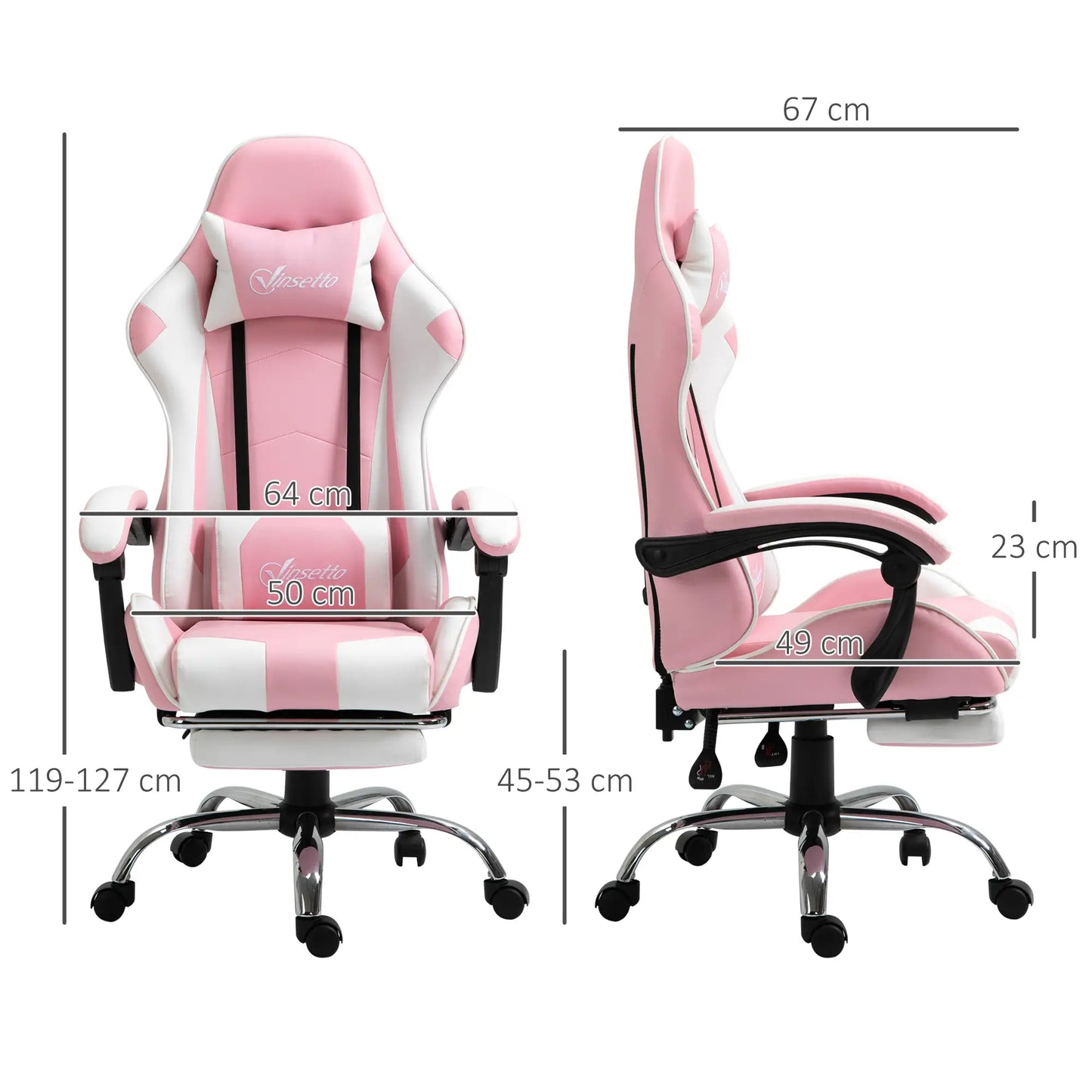 Pink Computer Gaming Chair with 135 deg. Reclining Back and Retractable Footrest dimensions
