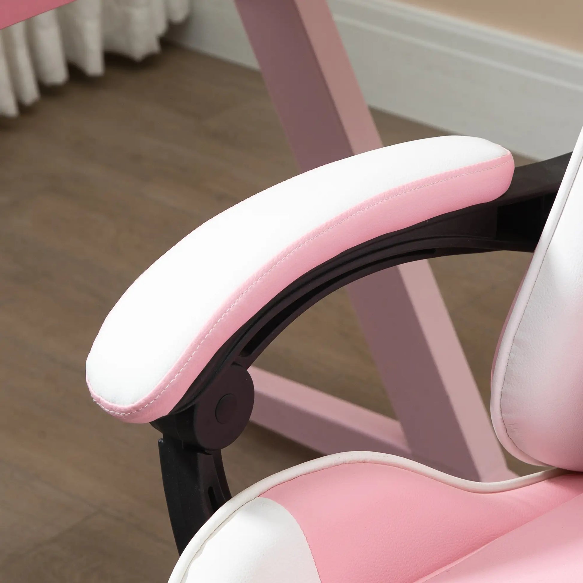 Pink Computer Gaming Chair with 135 deg. Reclining Back and Retractable Footrest armrests