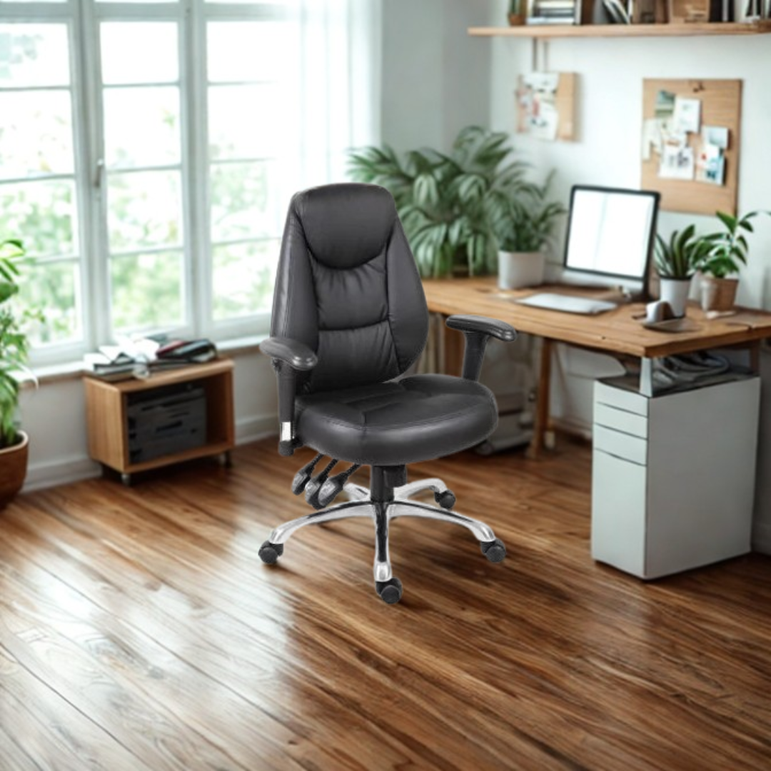 Black office chair in a home office setting with a desk and computer.