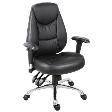 A black executive office chair with a steel base, 3 lever asynchronous mechanism, and height adjustable armrests.
