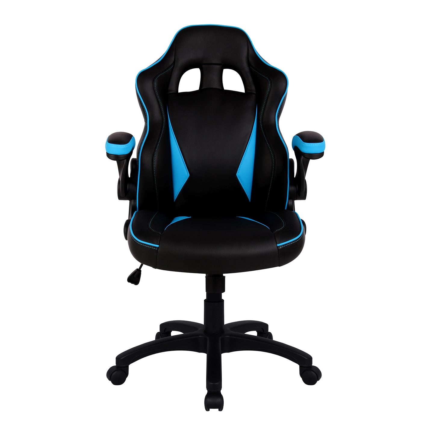 Black and blue gaming chair on a white background