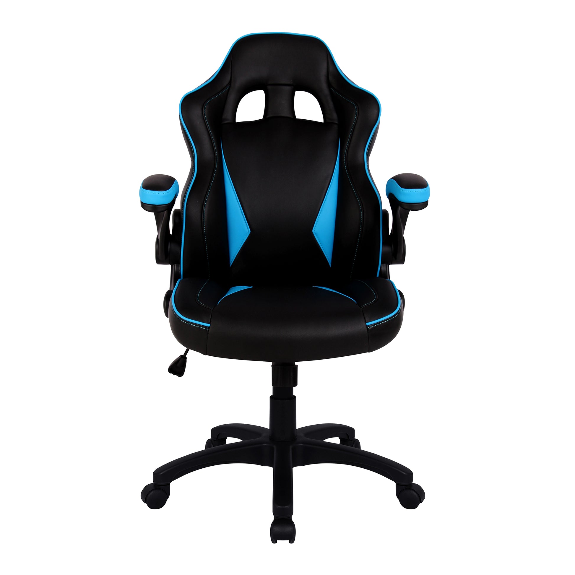 Black and blue gaming chair on a white background