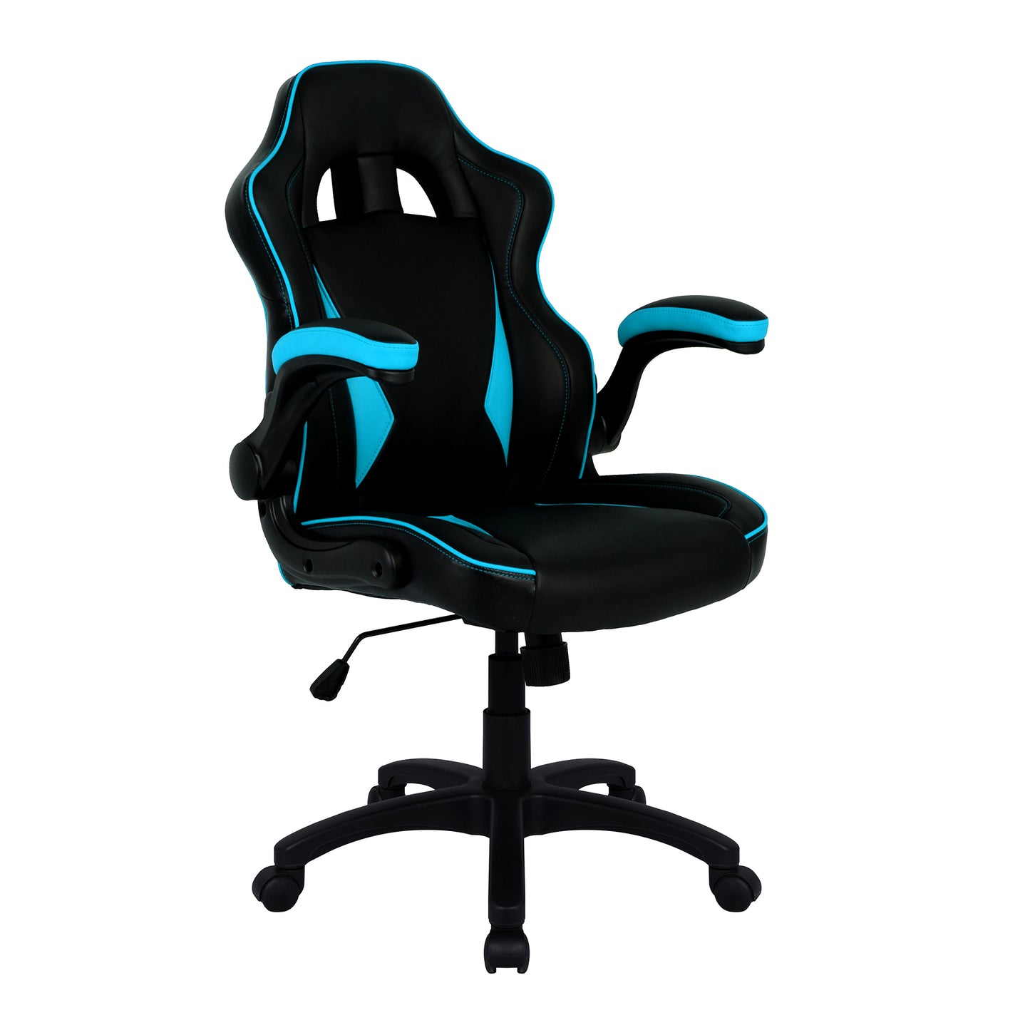 Black office chair with blue accents on a white background