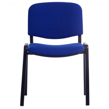 A blue conference chair with a padded backrest and seat, featuring a four-legged frame.
