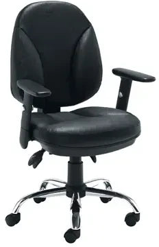 A black Puma office chair with a PU seat, chrome 5-star base, and adjustable armrests.