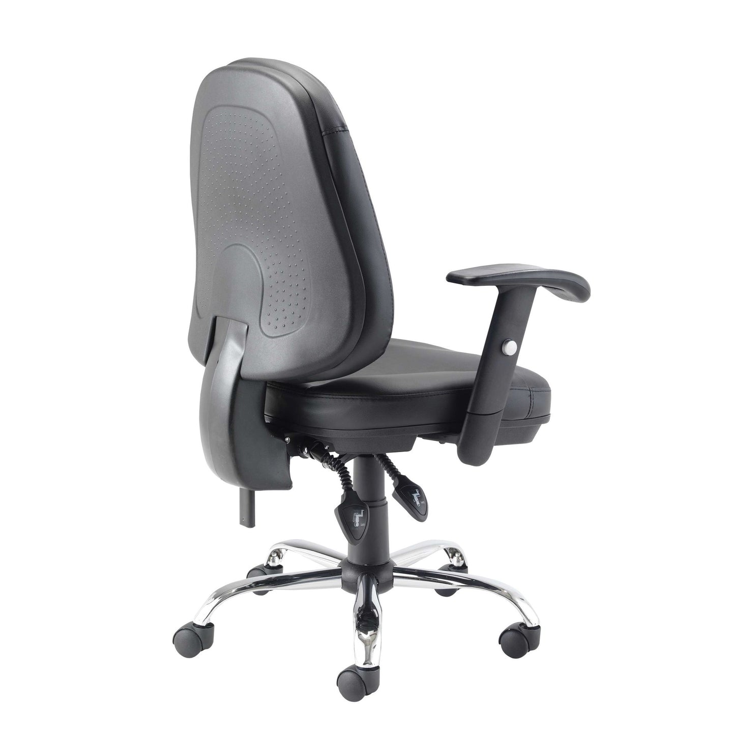 Black office chair with adjustable armrests on a white background