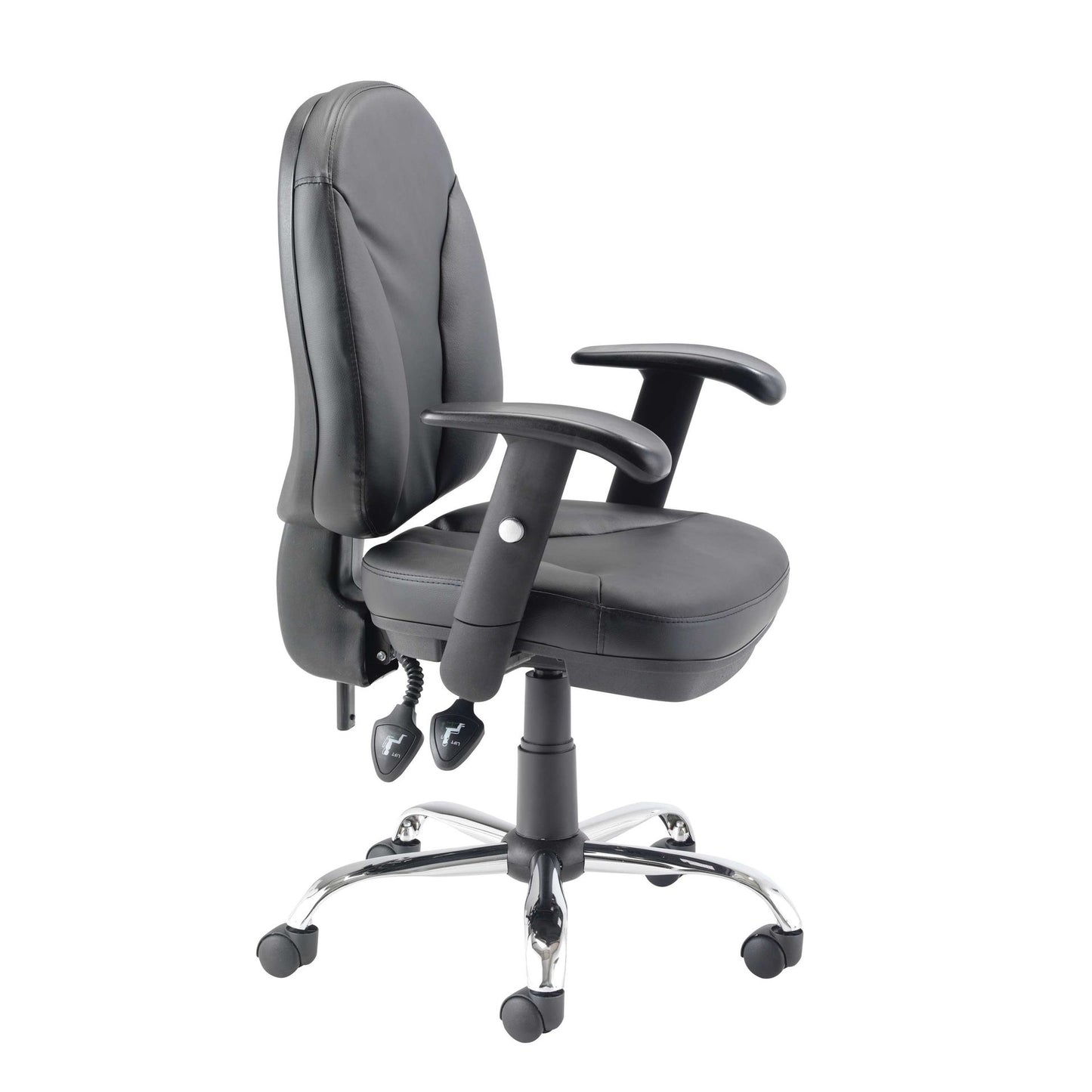 Black office chair with adjustable armrests on a white background