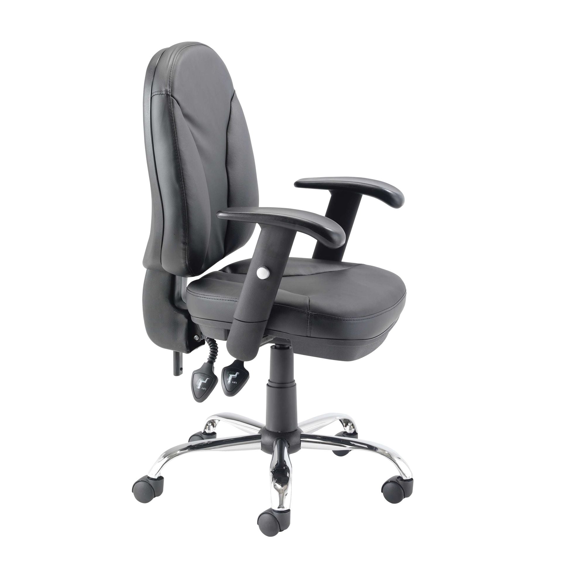 Black office chair with adjustable armrests on a white background