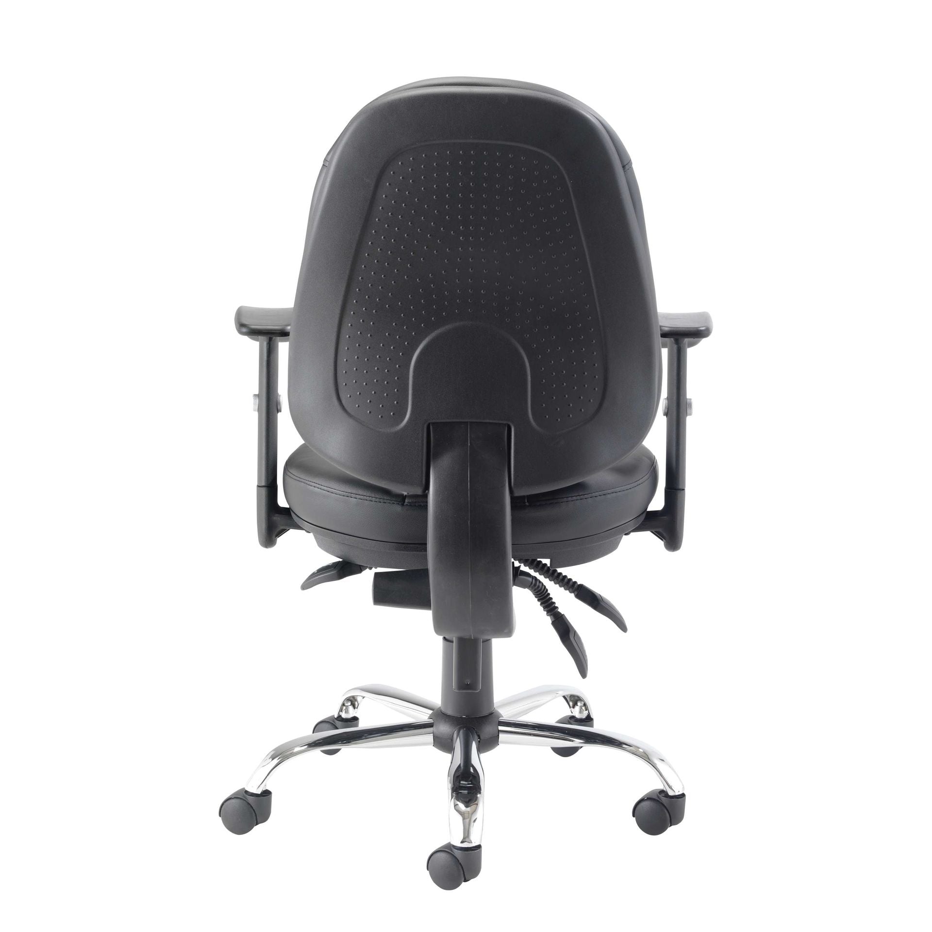 Black office chair with adjustable arms on a white background