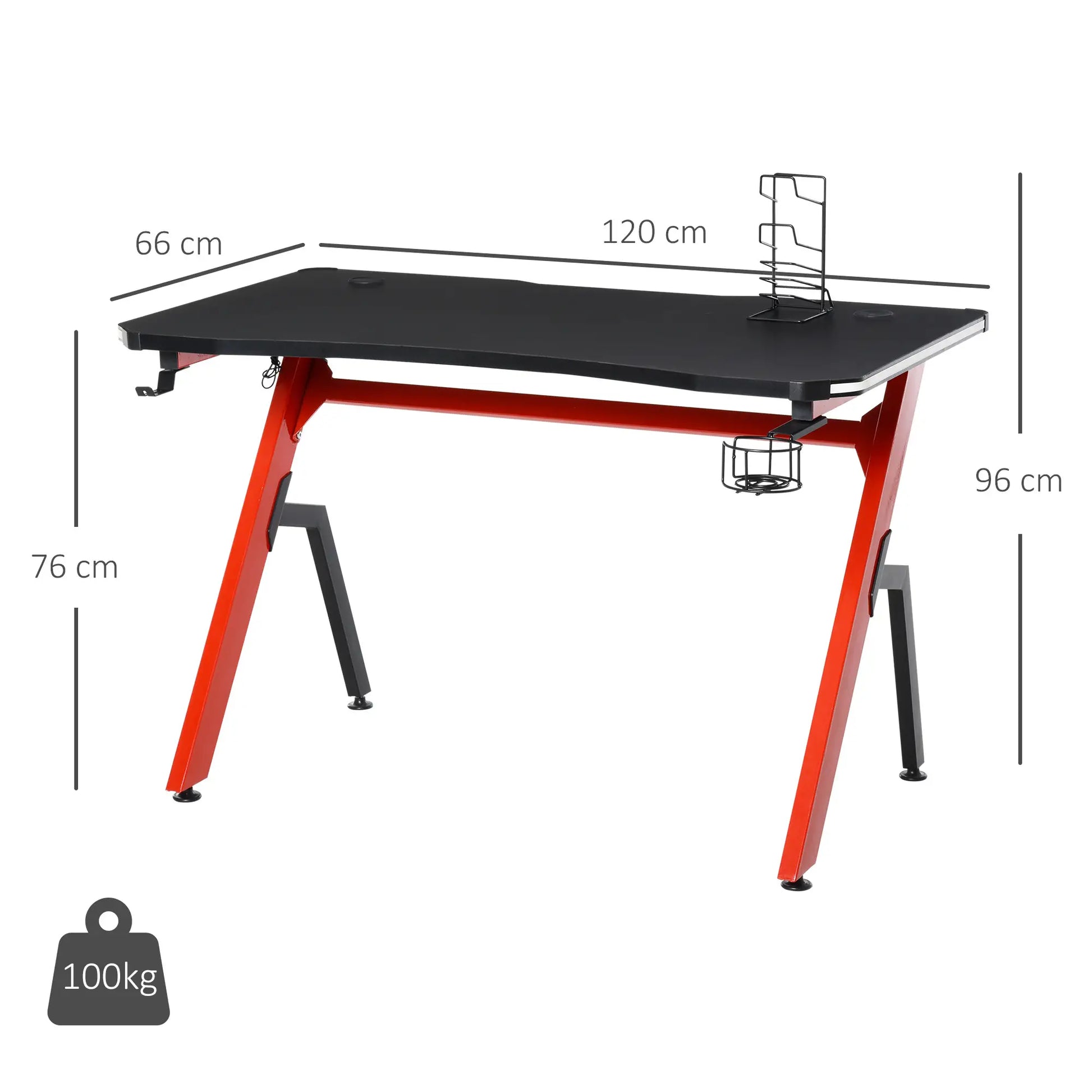 RGB 120 x 66cm Gaming Desk, Computer Table, Black and Red dimensions