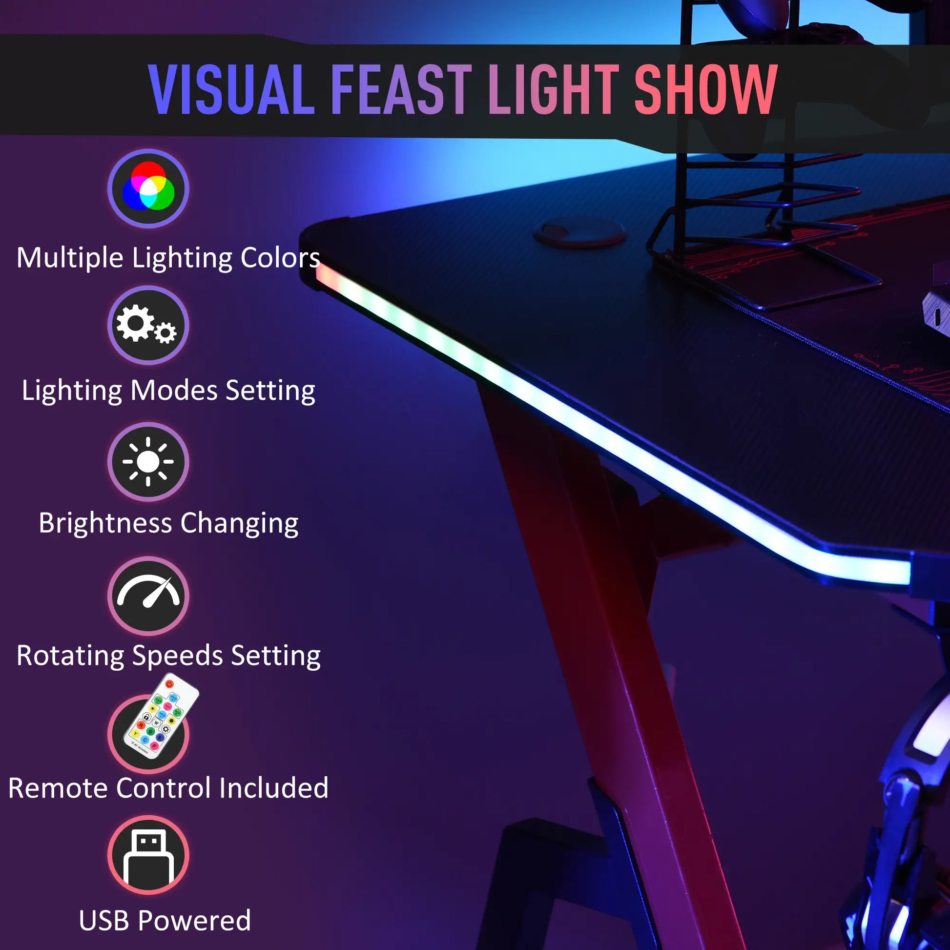RGB 120 x 66cm Gaming Desk, Computer Table, Black and Red light features