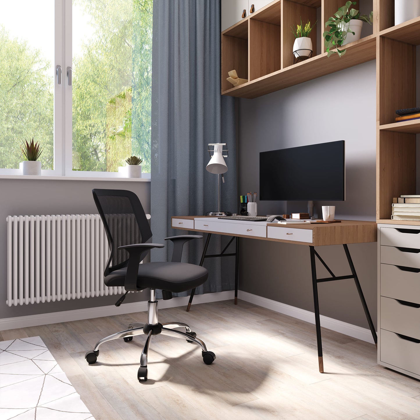 Modern home office with a desk, chair, and computer setup.