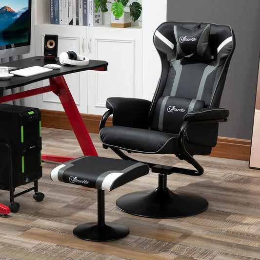 A black reclining chair with a headrest and a matching footstool placed in an office setting.