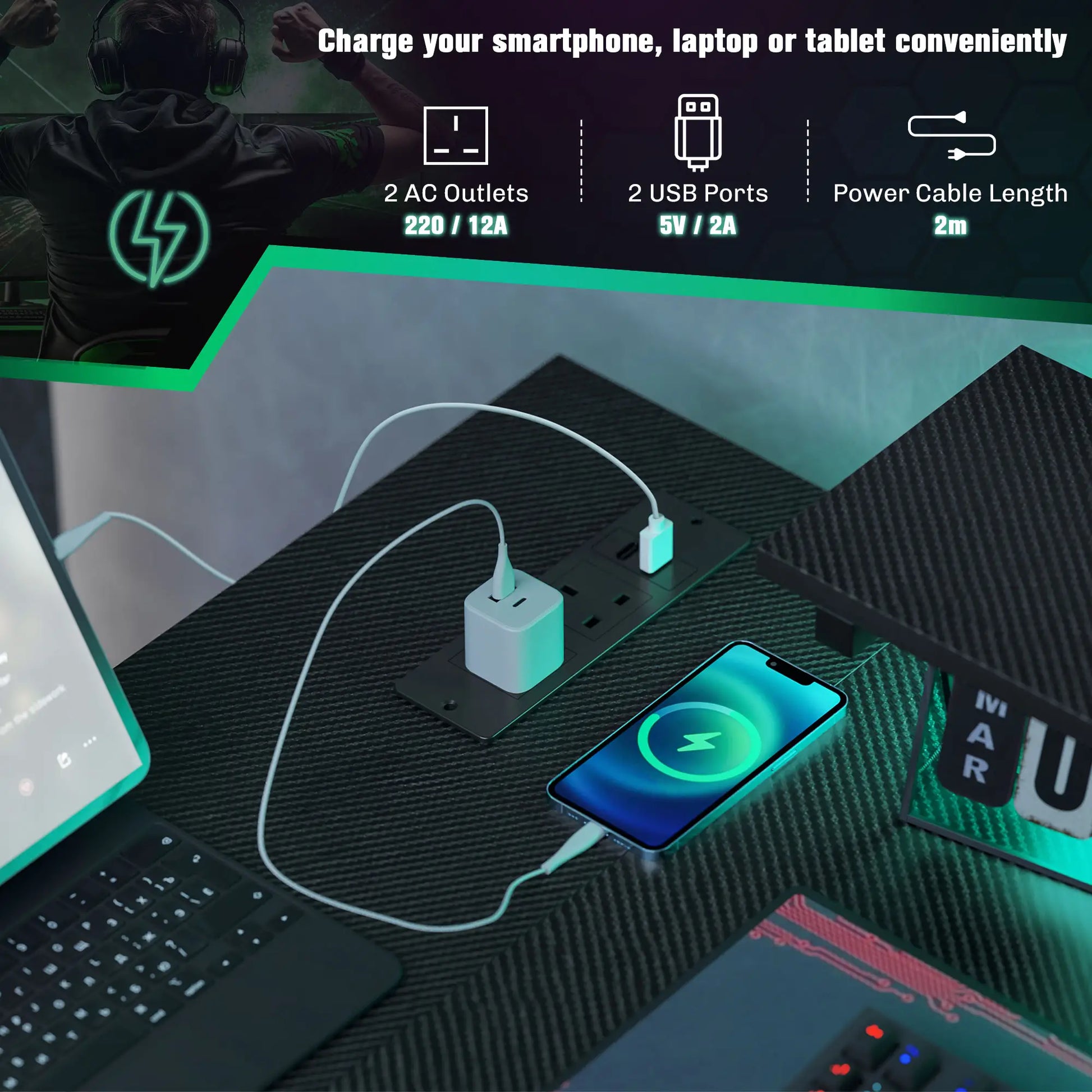 Reversible 'L' LED Light Gaming/Work Desk - Black  - socket detail