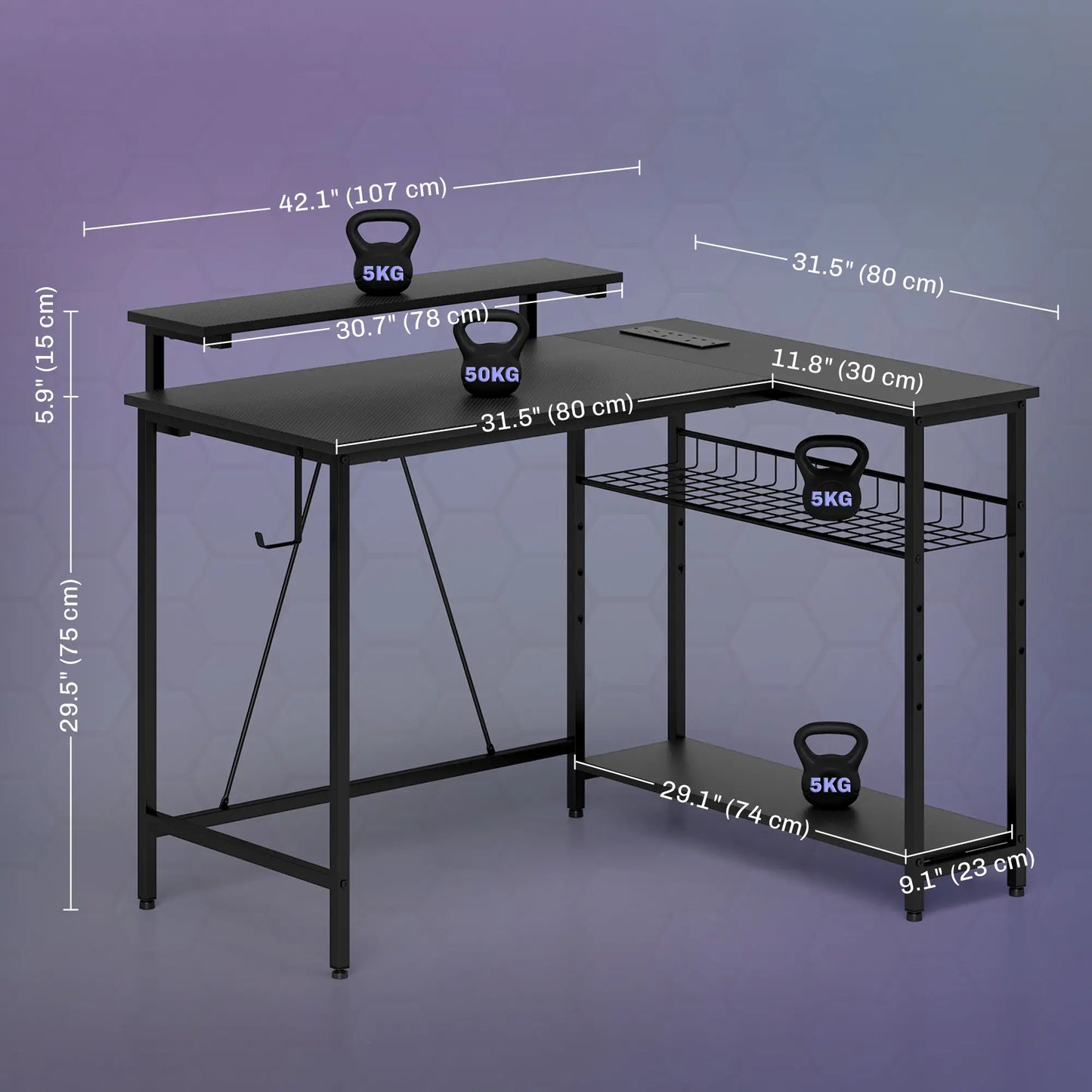Reversible 'L' LED Light Gaming/Work Desk - Black dimensions