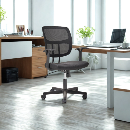 Modern office chair in a bright office setting with desks and windows.