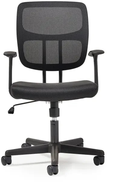 Black office chair with mesh back on a white background