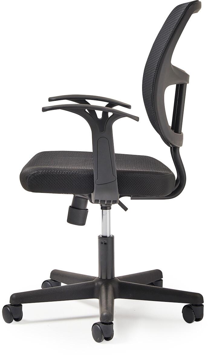 Black office chair with mesh back and seat on a white background