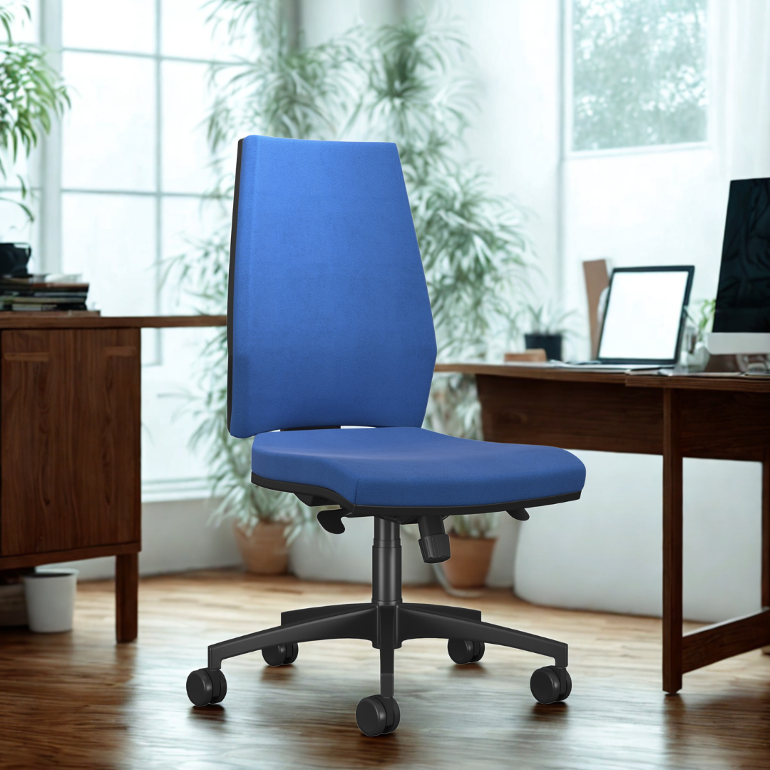 Blue office chair in a home office setting with a desk and computer.