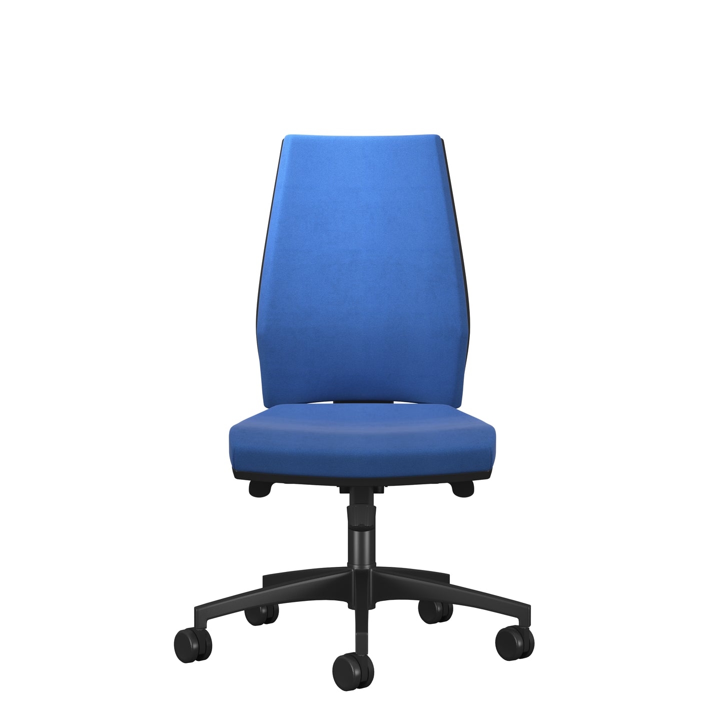 Blue office chair with black wheels on a white background