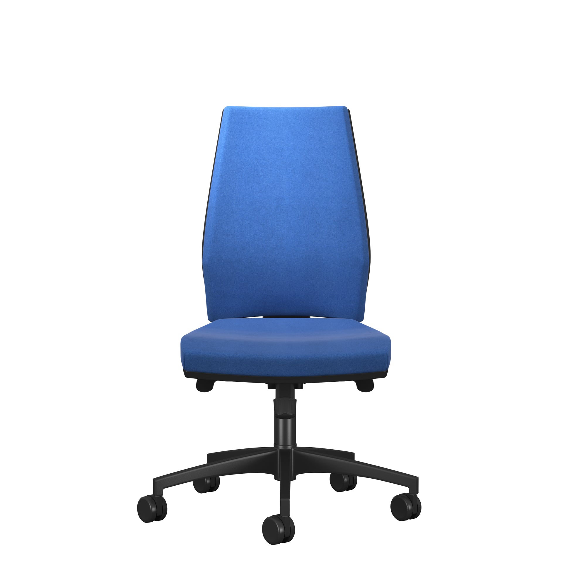 Blue office chair with black wheels on a white background