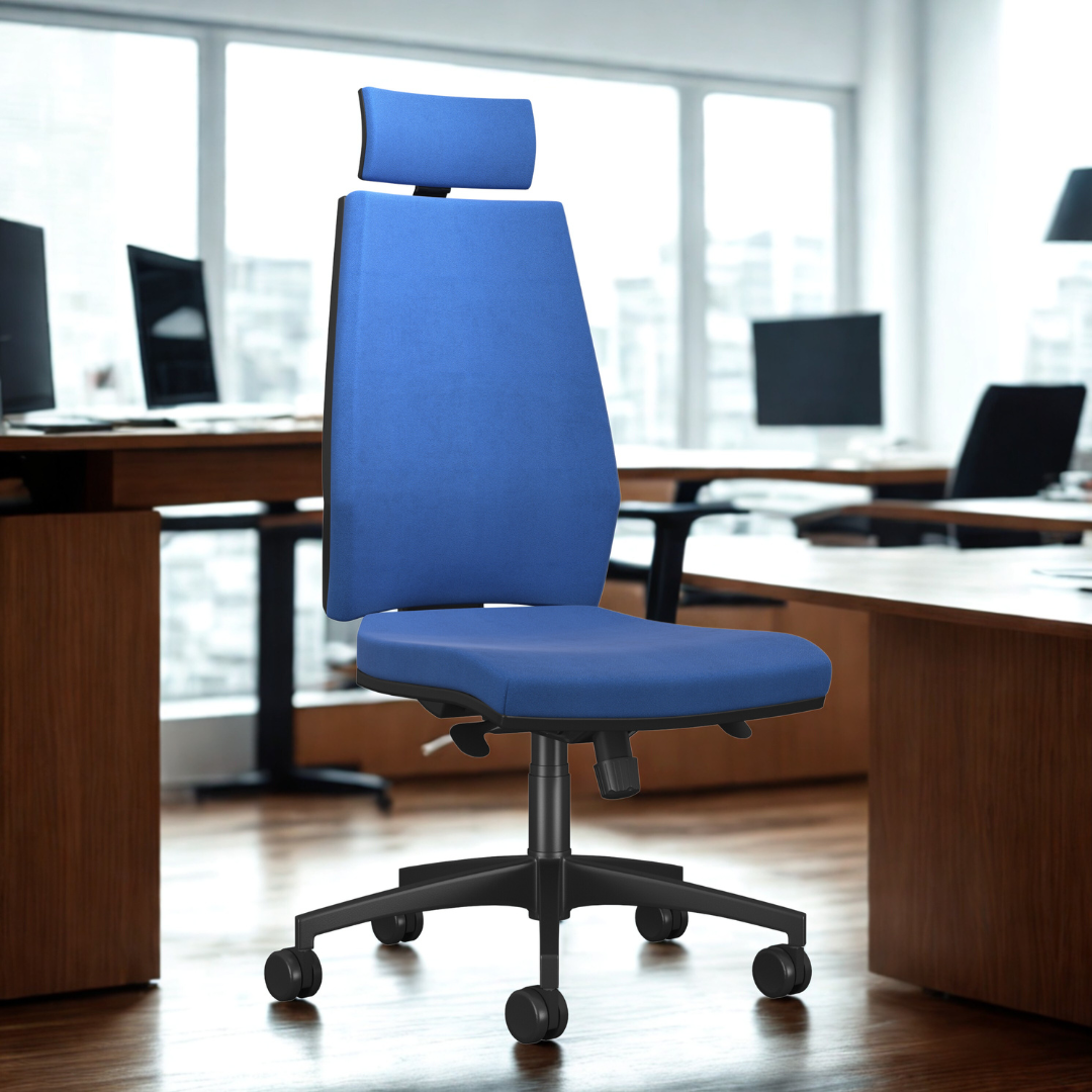 Blue office chair in an office setting with desks and computers.
