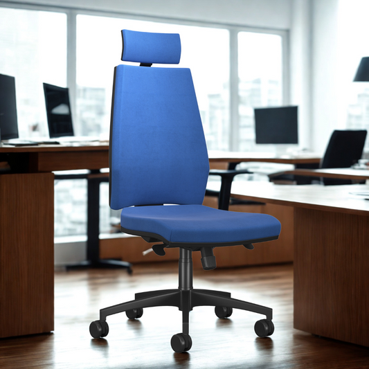 Blue office chair in an office setting with desks and computers.