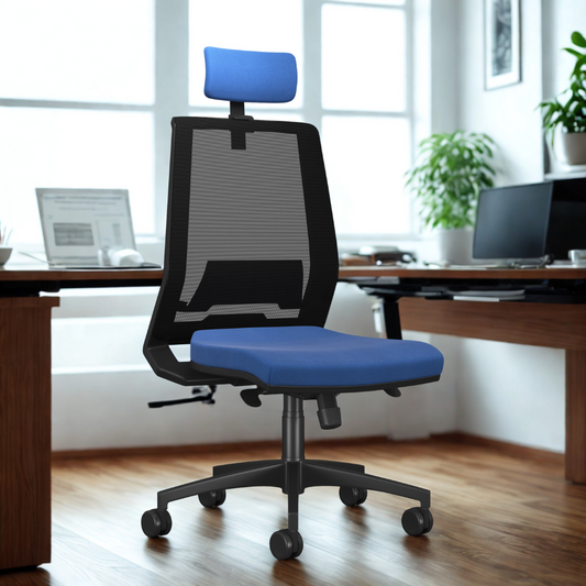Blue office chair in a modern office setting with desks and computers.