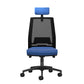 Blue office chair with black mesh backrest on a white background
