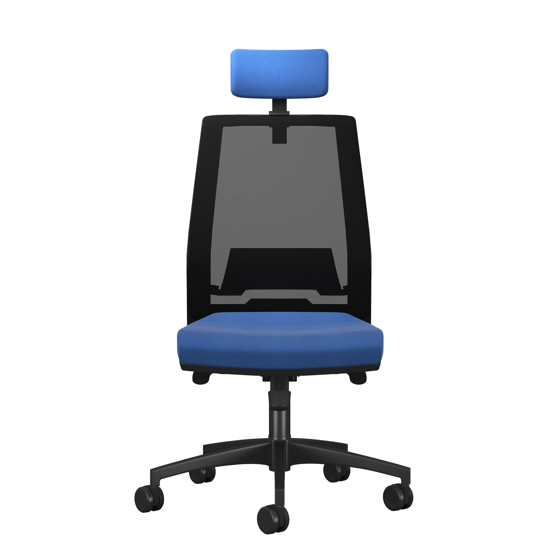 Blue office chair with black mesh backrest on a white background