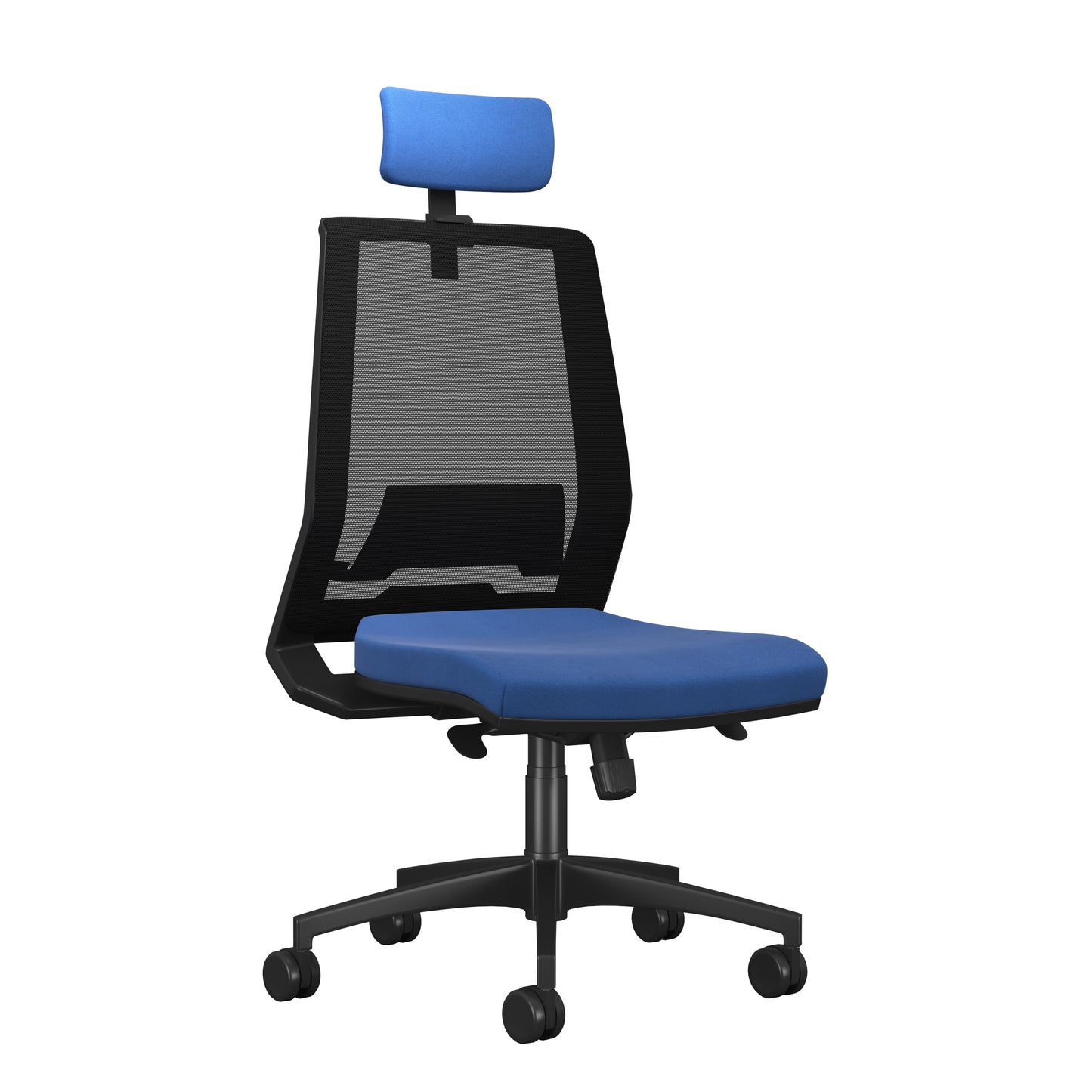 Blue office chair with black mesh backrest on a white background