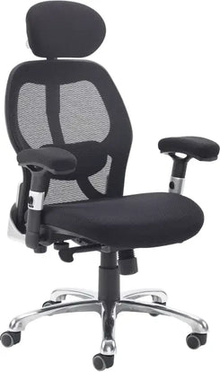 Black office chair with mesh back and adjustable armrests on a white background