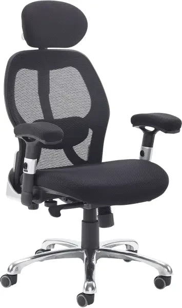 Black office chair with mesh back and adjustable armrests on a white background
