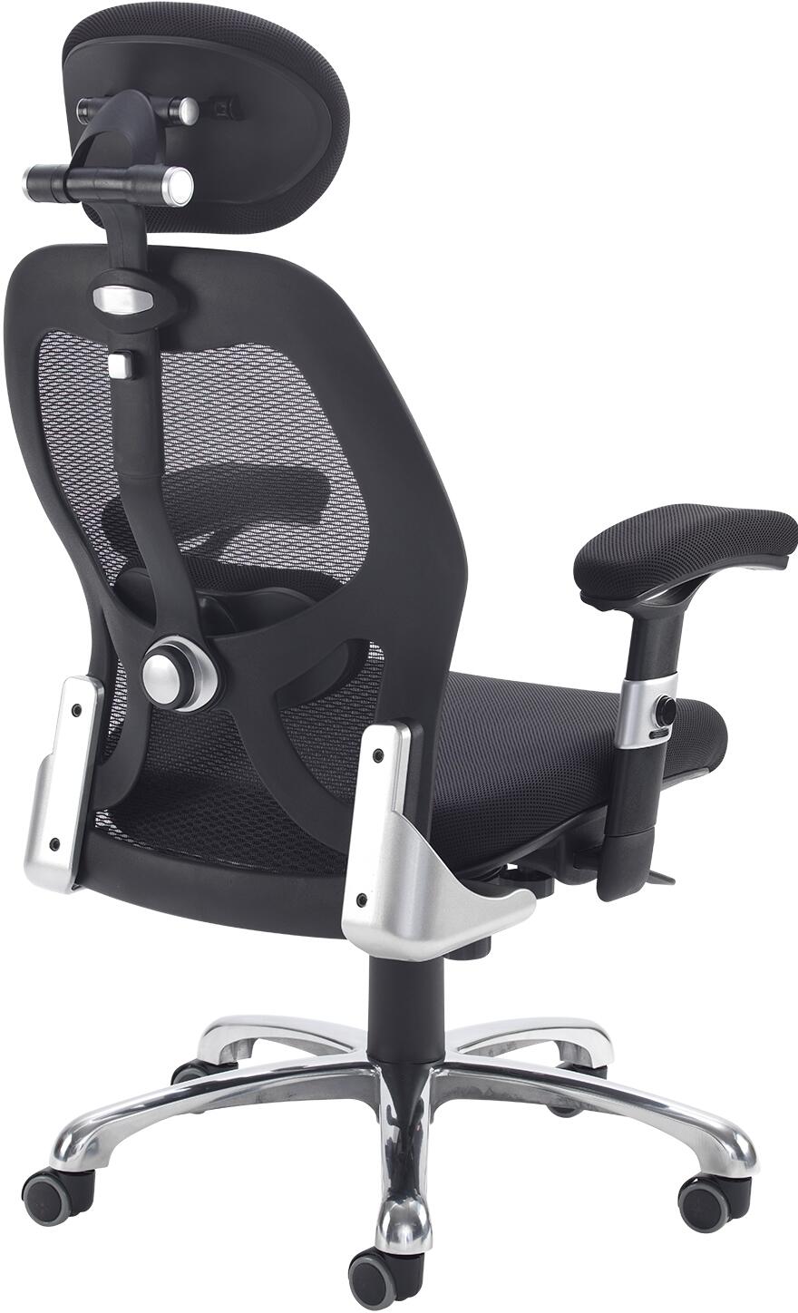 Black office chair with mesh back and adjustable armrests on a white background