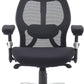 Black office chair with mesh back and adjustable arms on a white background