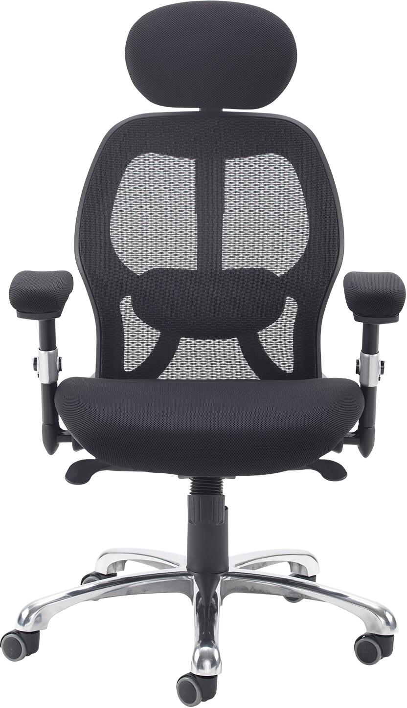 Black office chair with mesh back and adjustable arms on a white background