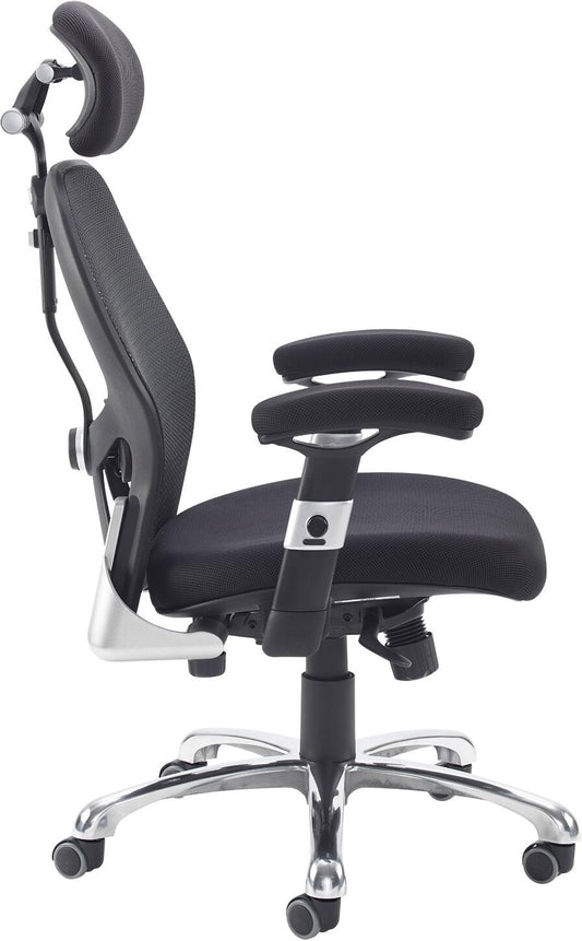 Black office chair with ergonomic design on a white background